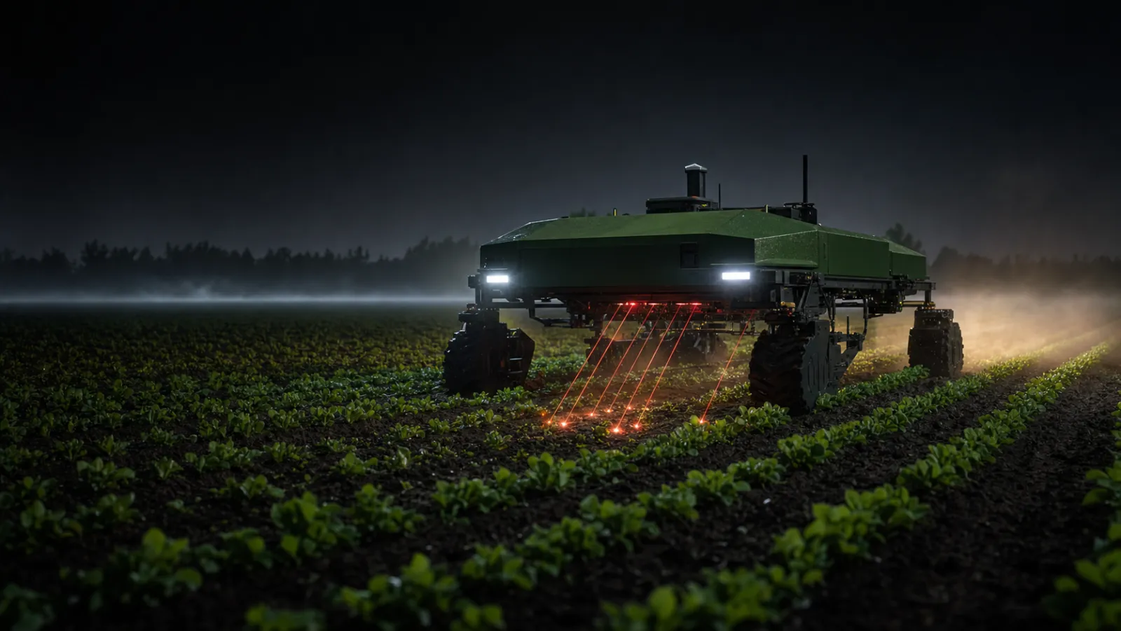 夜の畑でレーザー除草ロボットが赤い光条で雑草を焼いている