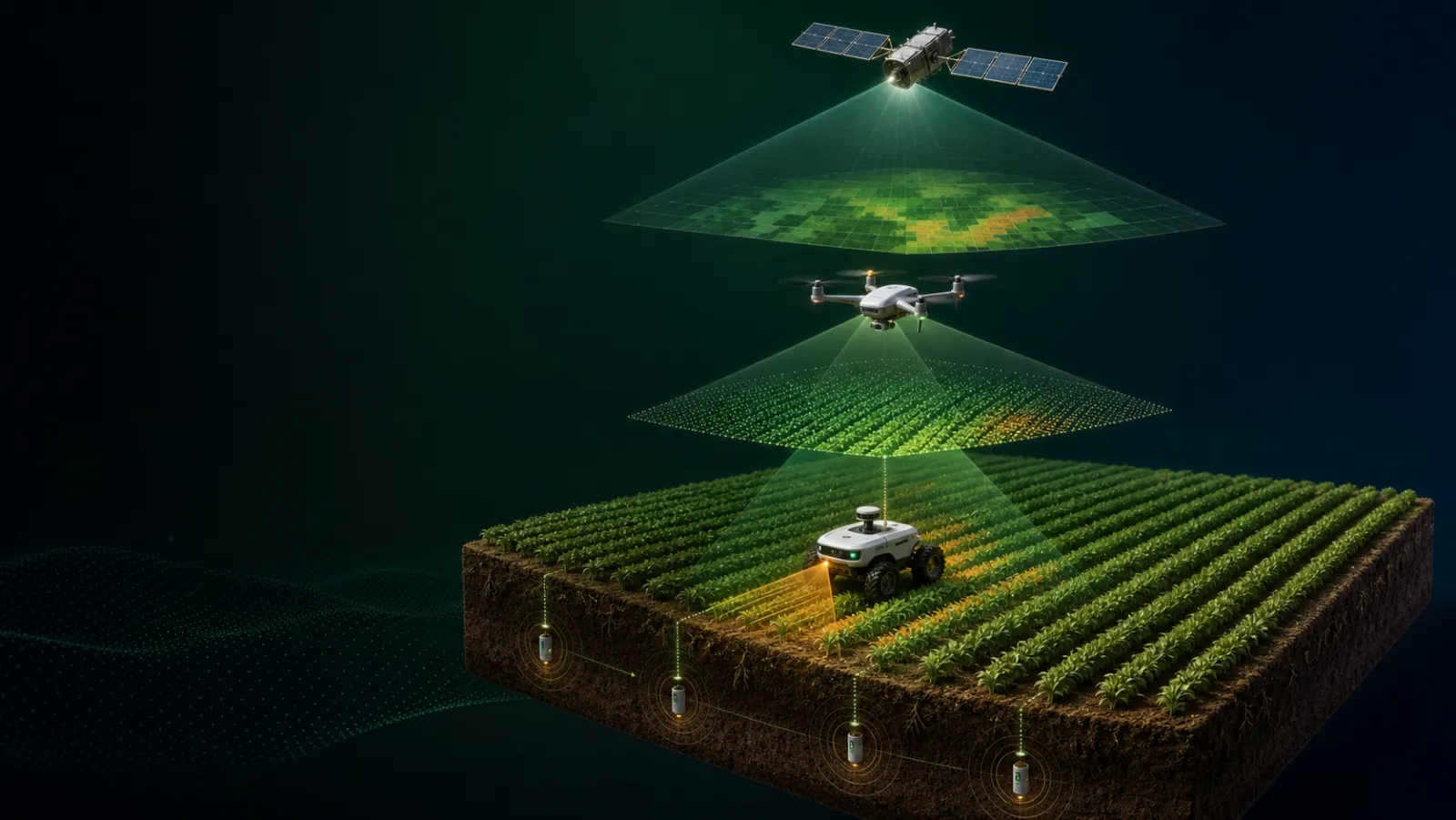 同一の圃場を衛星、ドローン、地上ロボット、土壌センサーが4層で観測している断面図