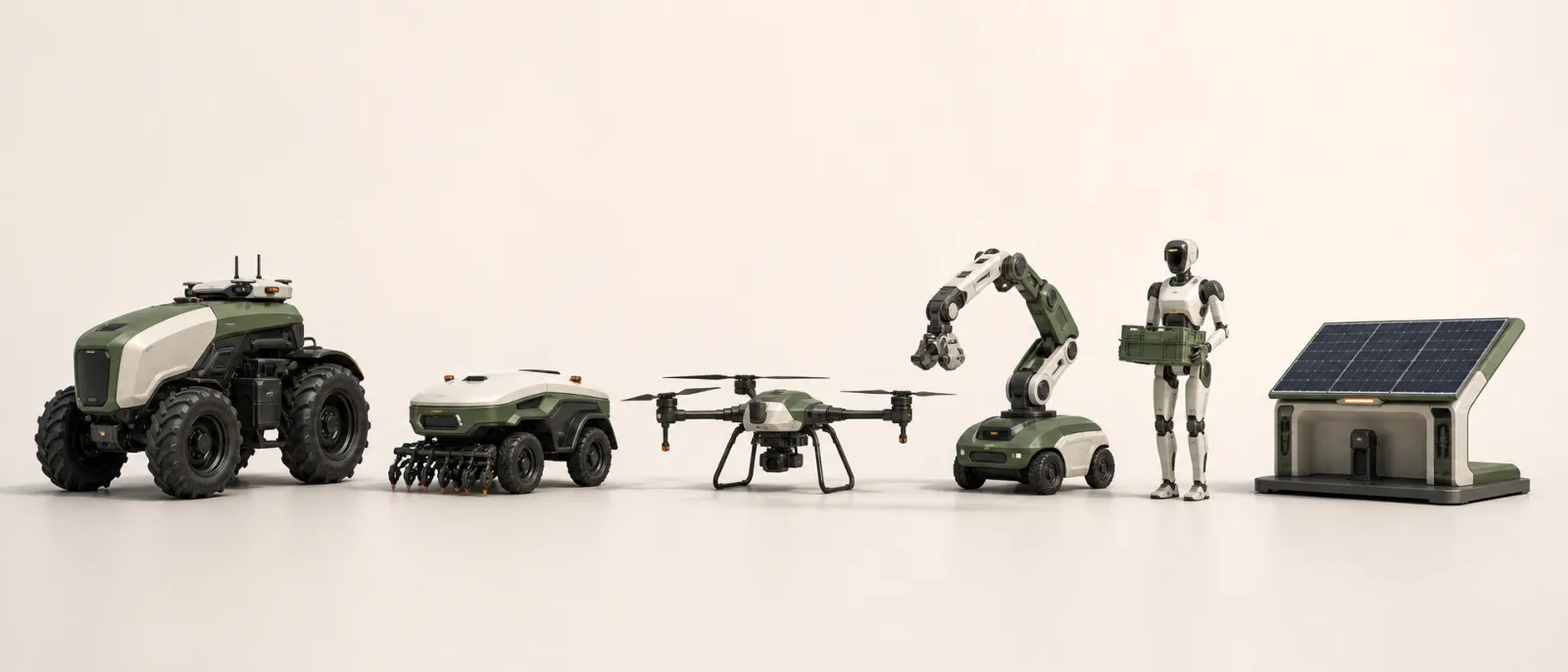 自律トラクタ、除草ロボ、ドローン、収穫アーム、ヒューマノイド、充電ドックが並ぶ機体ラインナップ