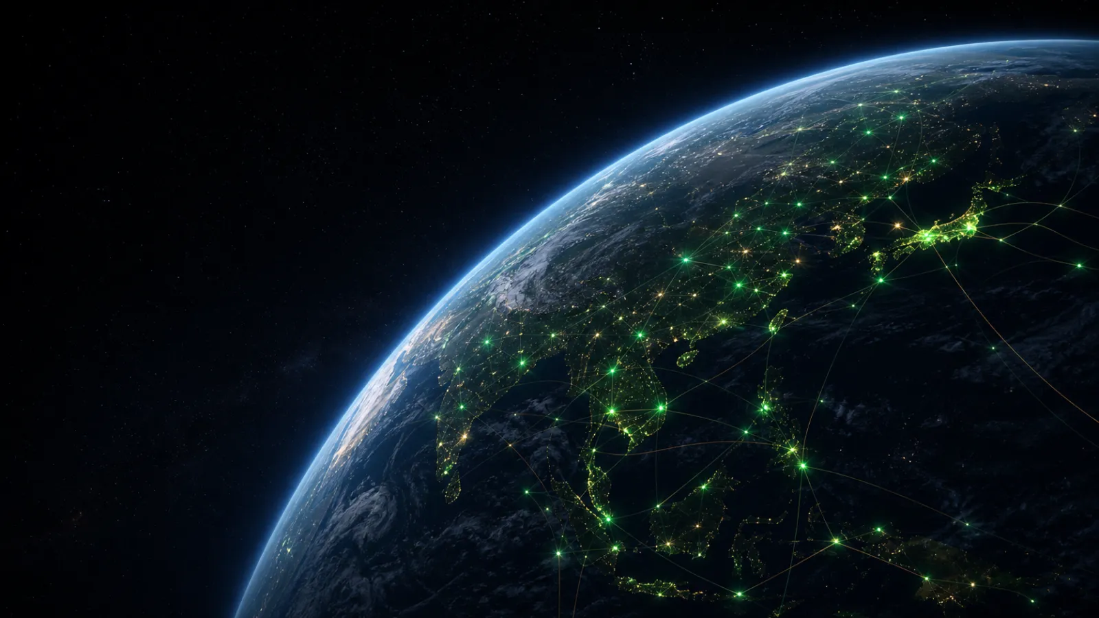 夜の地球。アジアの農業地帯に緑のポートの光が点在し、ネットワークの線で結ばれている